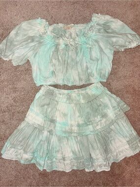 Light Aqua Tie-Dye Two-Piece Crop Top & Tiered Mini Skirt